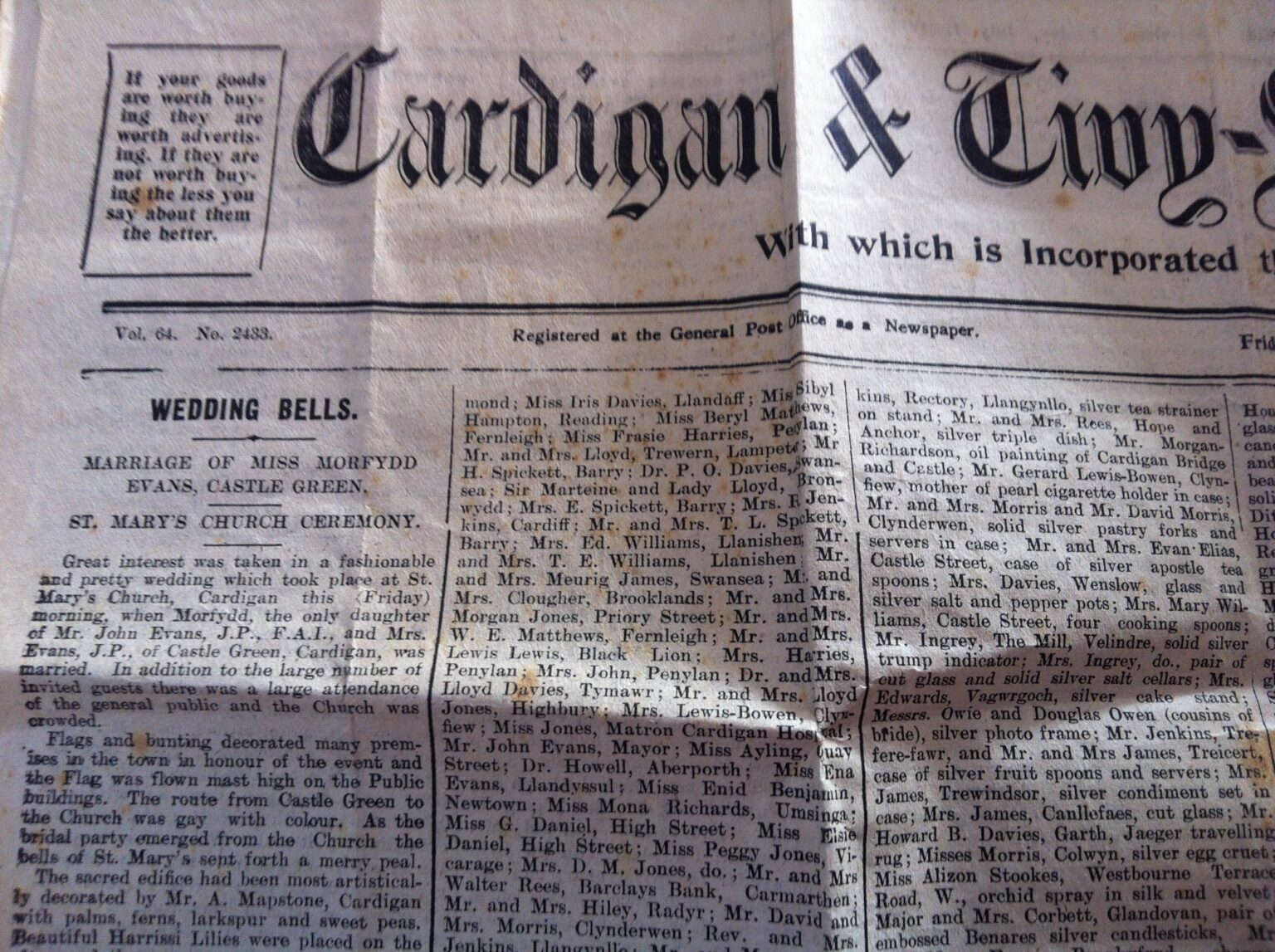 Wedding report in the Cardigan and Tivy-Side newspaper